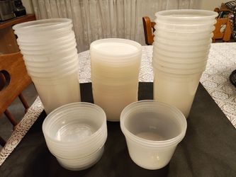 Containers (30) with lids. Twenty large soup and 10 med and small. Some kids are discolored from soup and pin hole to vent.