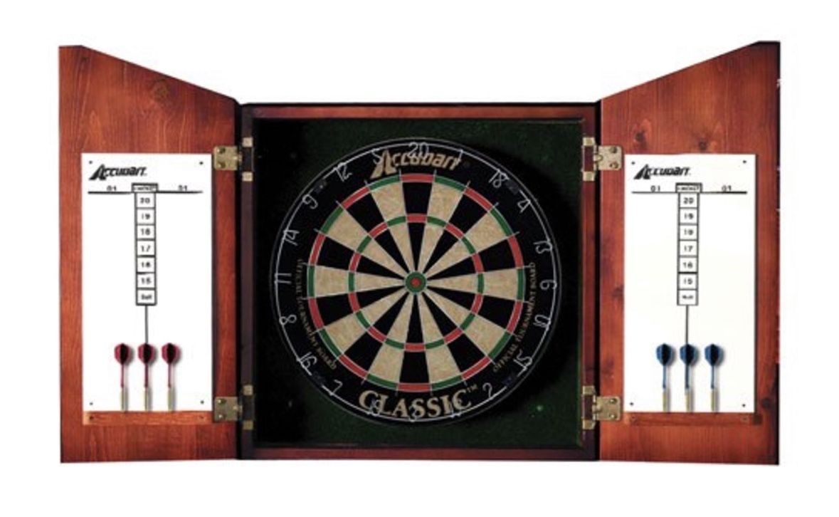 Accudart Union Jack Solid Wood Classic Bristle Dartboard Cabinet Set Includes Dartboard and 6 Brass Darts, Medium