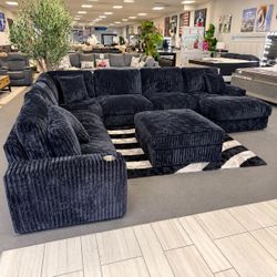 Black Modular Corduroy Sectional Sofa with Ottoman