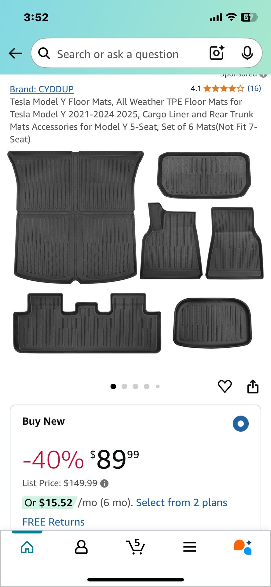 Tesla Model Y Floor Mats, All Weather TPE Floor Mats for Tesla Model Y 2021-2024 2025, Cargo Liner and Rear Trunk Mats Accessories for Model Y 5-Seat,