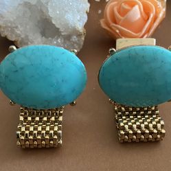 Vintage Continental Faux Turquoise Gold Tone Mesh  Cufflinks 