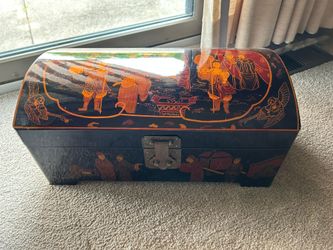 Chinese Decorated Black Lacquer Dome Top Trunk