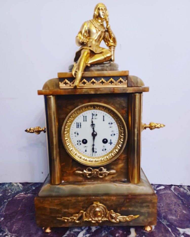 Antique French Bronze And Onix Stone Mantle Clock. Size 16 X 12 