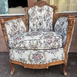 2 Vintage Carved Wood Accent Chair Sofa – Floral Upholsteryo