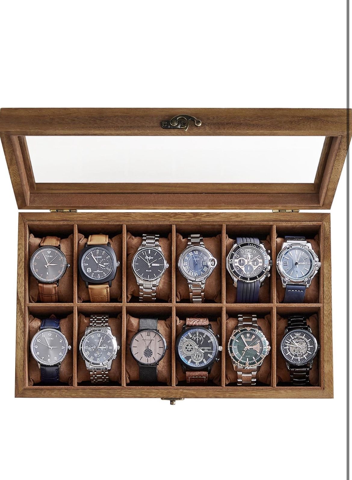 Watch Box, 12-Slot Solid Wood Watch Case Organizer with Glass Lid, Display Case with Removable Pillows, Gift for Loved Ones, Rustic Walnut UJOW120K01