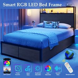 New Heavy Duty Twin Bed Base with 2-Tier Storage Headboard, Metal Platform Bed Base with 4 Storage Drawers, Built-in Charging Station & LED, Noiseless