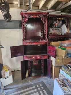 Chinese/Vietnamese Traditional Altar Cabinet 3 Level - Red Wood Carved Dragons, Built in lights