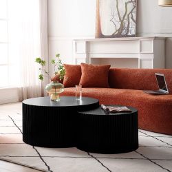 Black round side tables for nesting, set of 2 ribbed side tables for living room, apartment, shopping centre (matte black) $160