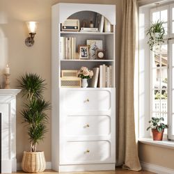 80" Bookshelf with 3 Drawers, Tall Arched Bookcase with 3 Open Shelves, Wooden Pantry Storage Shelf with Baseboard Cutout for Living Room, Bathroom, K