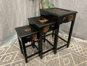 Vintage Chinoiserie Wooden Nesting Tables with Carved Wood Scenic Details (Set of 3)