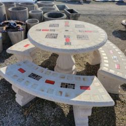 Concrete Mosaic Picnic Table with 3 Benches/ Outdoor Patio Furniture / Patio Set
