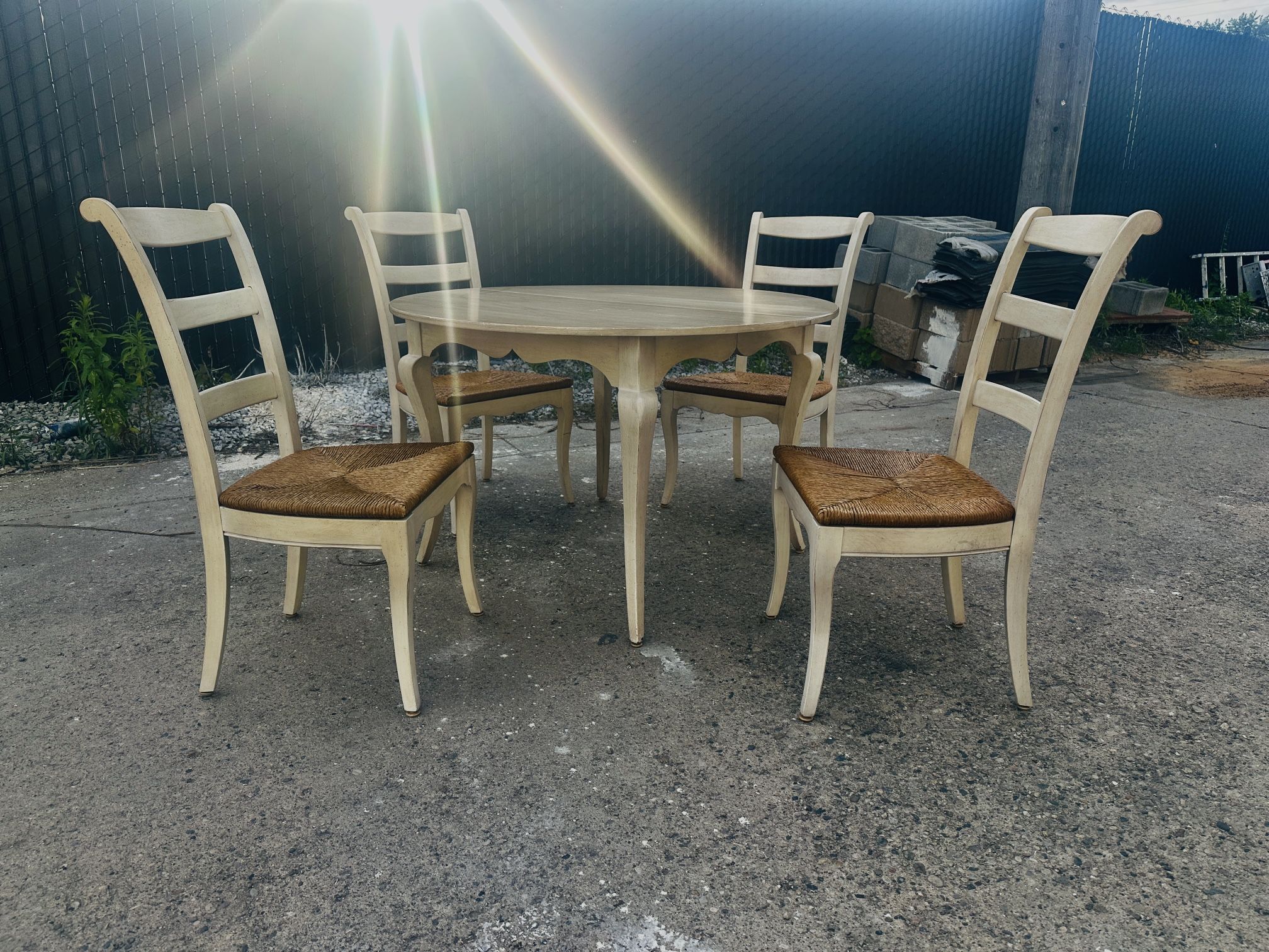 Knob Creek - Ethan Allen Round / Oval Dining Table with 4 Ladder Back Wicker Rush Seat Dining Chairs - Luxury Home Furniture Like Arhaus Pottery Barn