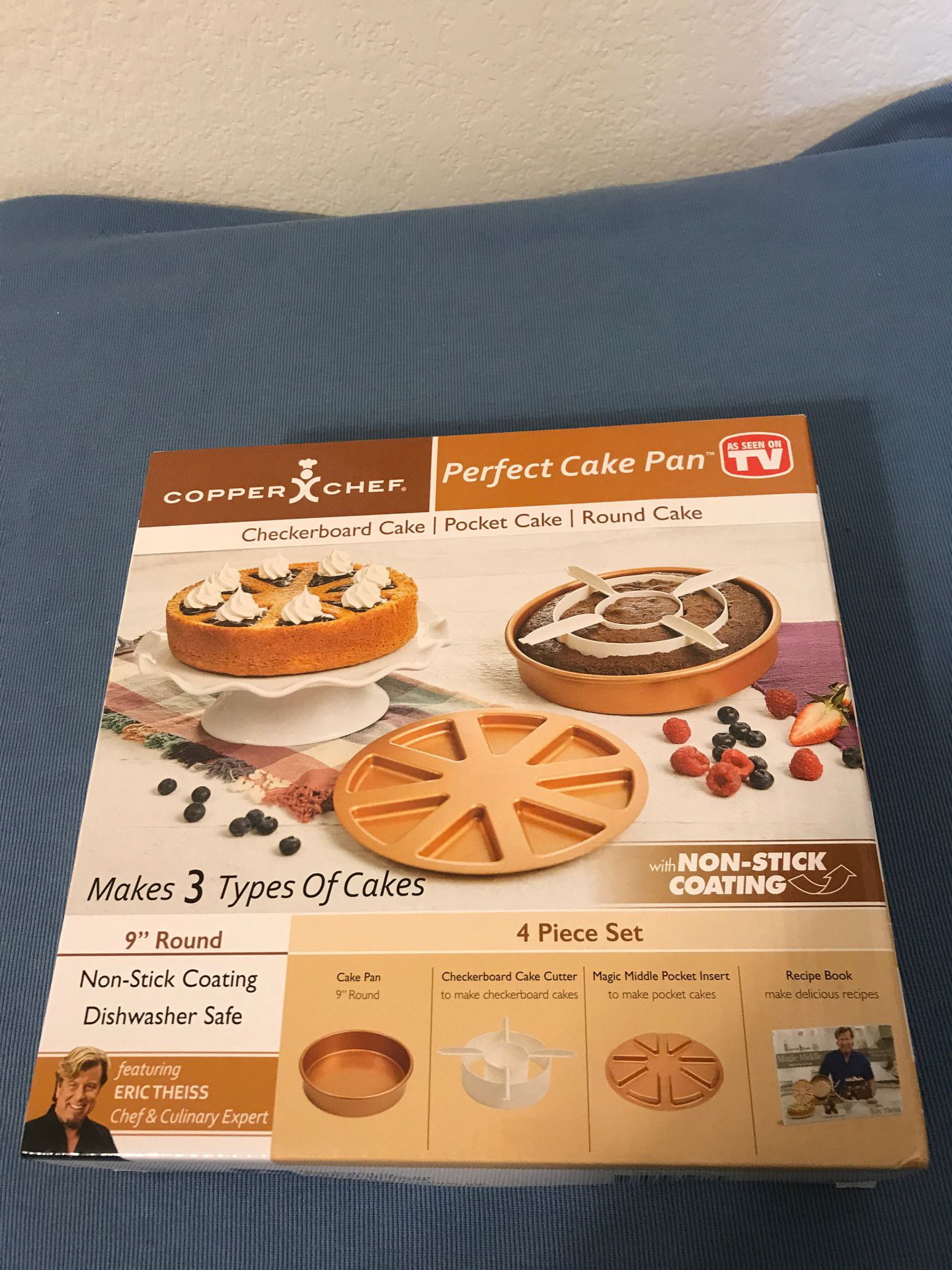 Brand new copper chef perfect cake pan in box, never opened