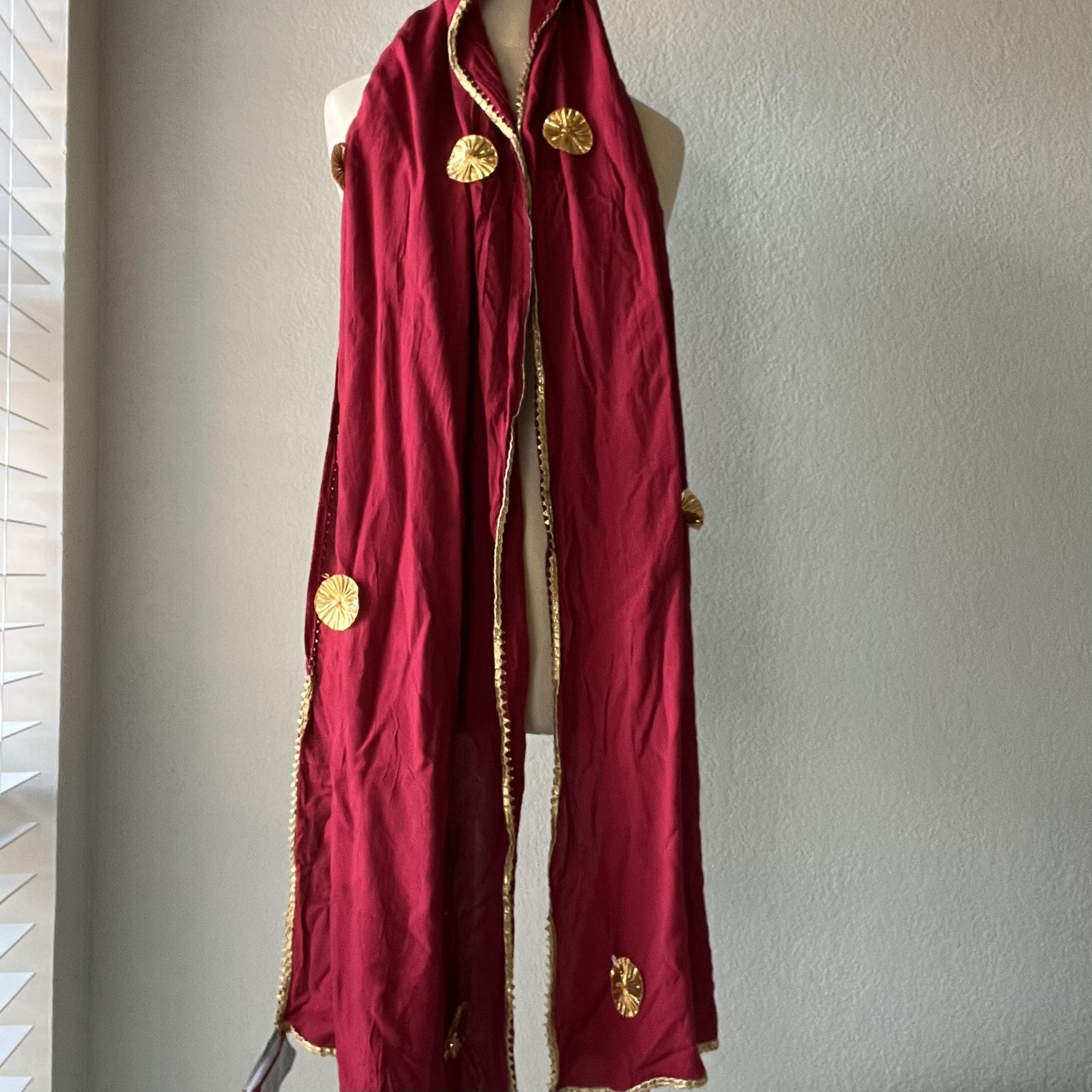 Elegant Red Velvet Shawl with Gold Lace Accents Women's Wrap