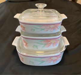 Rare Corning Ware “Peony” 3 piece casserole ovenware set with lids