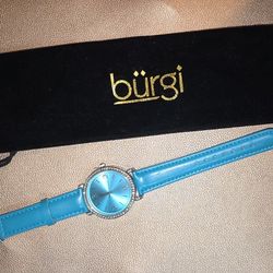 Burgi Teal Leather Wristwatch with Rhinestones