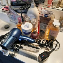 FREE! 2 FLAT IRONS, HAIR DRYER, HAIR CURLERS, PARTIAL LOTIONS, PERFUMES.