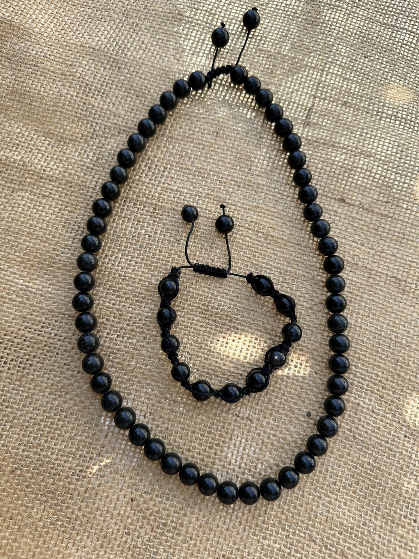 Obsidian Stone Jewelry Necklace Bracelet Set