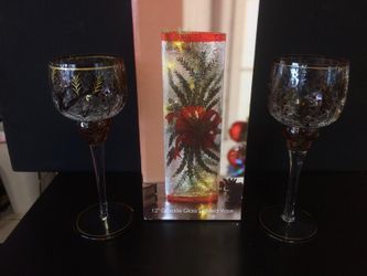 3pc CRACKLE GLASS HOLIDAY NEW IN BOX LIGHTED VASE & 2 STEMMED GLASSES CANDLE HOLDERS