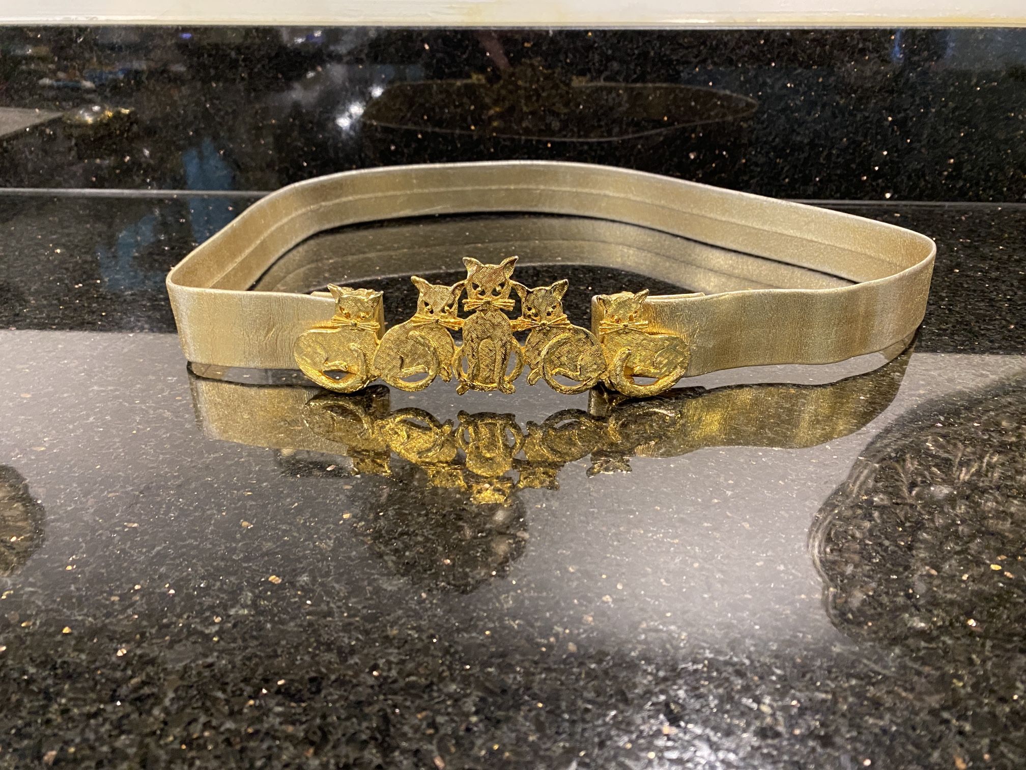 Rare Golden Leather Belt with 5 Gold Plated Cats Buckle 36”x1.25” by Dotty Smith