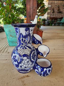 Talavera Blue And White Water Fountain. Clay Pots, Planters,Pottery,Plants.