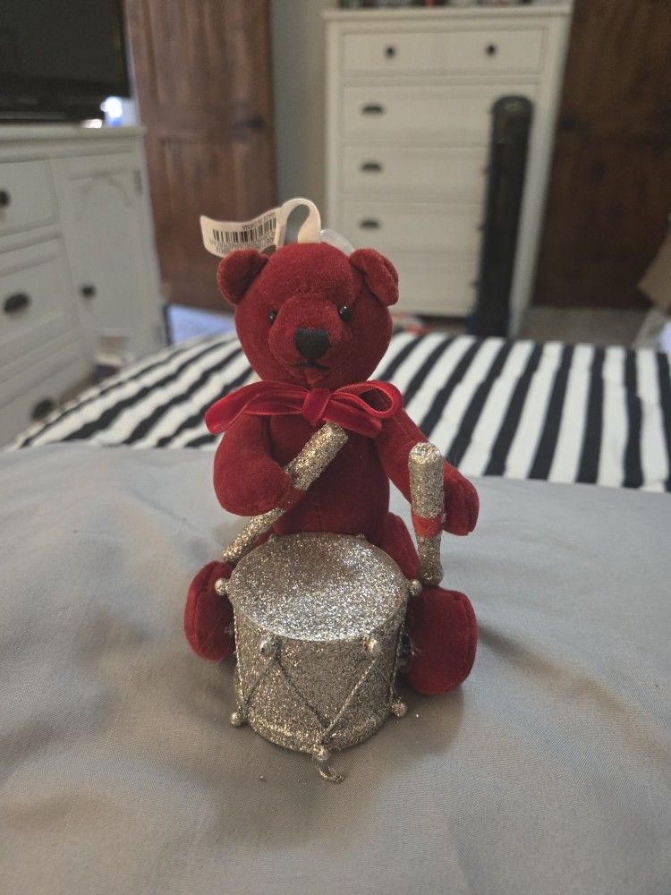 Brand New, With Tags. Pottery Barn Kids. Plush, Red Bear With Silver Glitter Drum And Sticks Christmas Ornament.