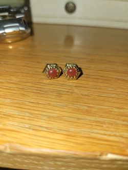 Vintage Gold-Tone Hexagonal Reddish-Orange Cabochon Stud Earrings