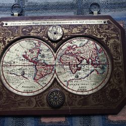 1964 vintage MASKETEERS OLD WORLD BRASS MAP, A NEW AND ACCURATE MAP OF THE WORLD 1628