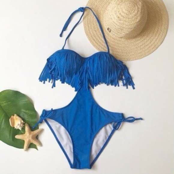 Blue fringe halter one piece swimsuit bathingsuit Size XS