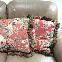 Vintage Set of Two Colorful Floral Pillows with Tassels