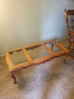Oak Glass Top Coffee Table with Carved Wood Details