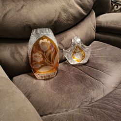 Crystal Amber Large Vase - Flower / Diamond Pattern