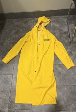 Raincoat - Long Medium Heavy Duty Vinyl “Security” Trench Coat with Detachable Hoodie. In Good Condition!!