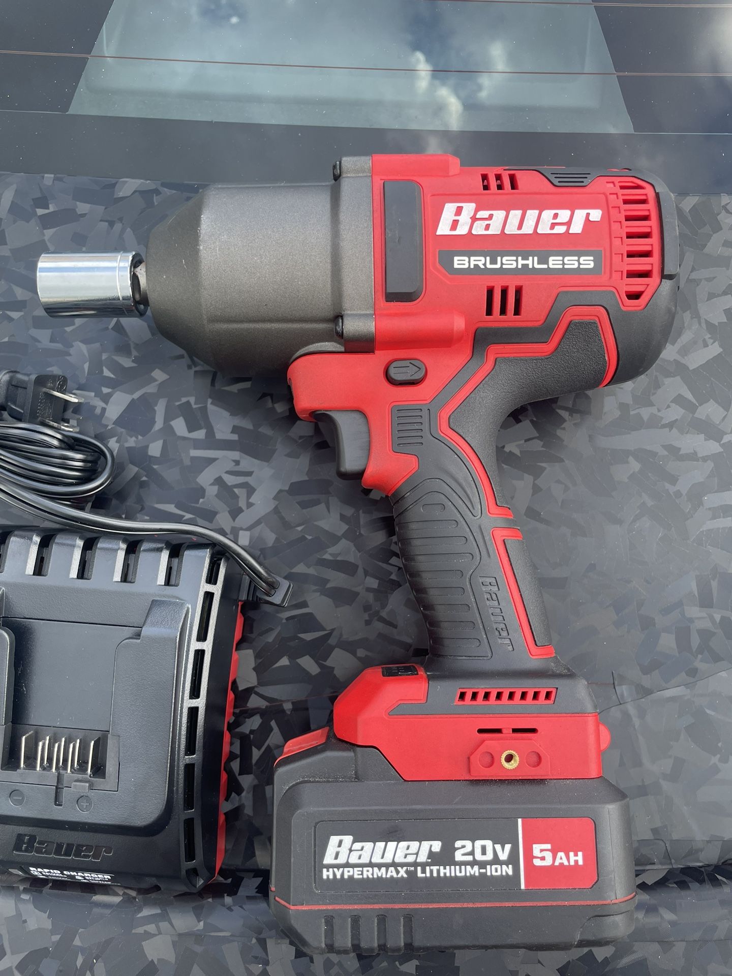 BAUER 20V Brushless Cordless, 1/2 in. High-Torque Impact Wrench Kit with 5 Ah Battery and Charger