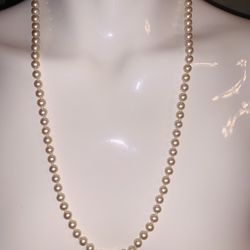 Vintage 5 mm PEARL NECKLACE w/ Pearl Fish Hook Clasp Each Pearl KNOTTED 28” Long