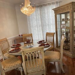 Elegant Hand Crafted Wood Table With Glass Top, 6 Chairs, China Cabinet 