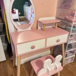 Kids Vanity, Kids Vanity Table and Chair Set with Mirror & Storage Shelf, Princess Dressing Table, Toddler Makeup Vanity, Girls Vanity with 2 Large Dr