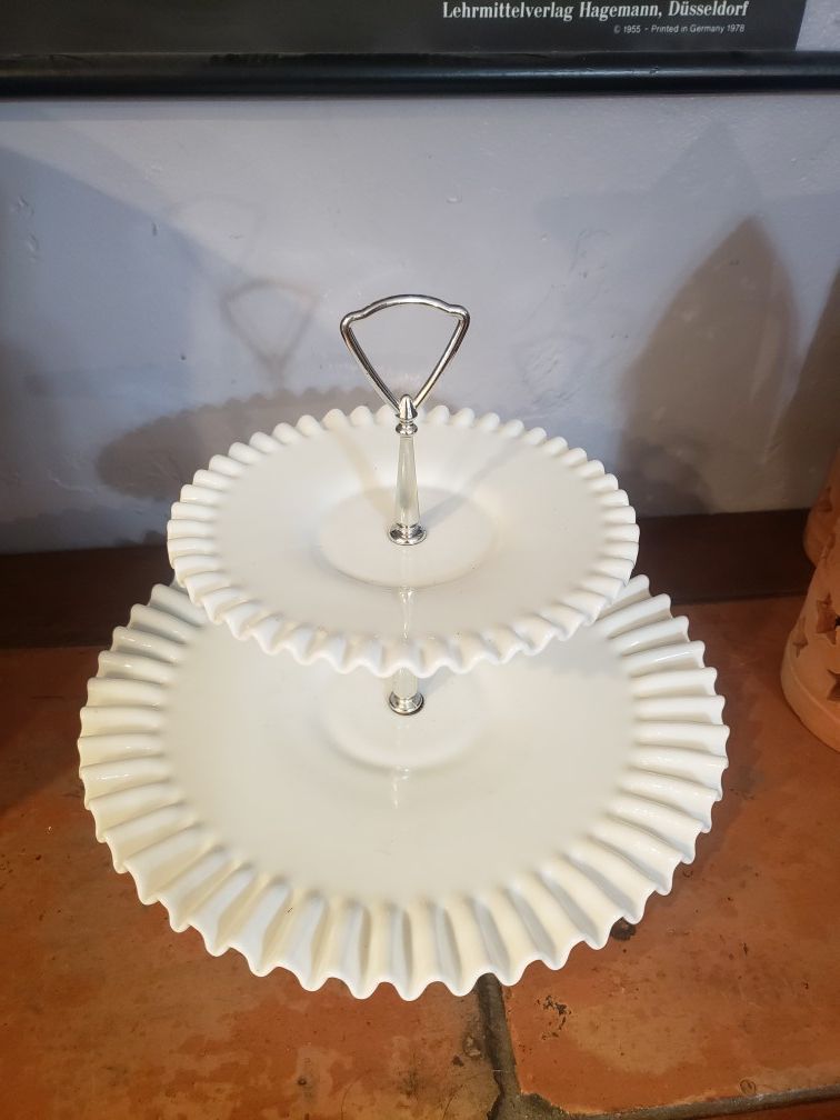 Vintage Fenton milk glass tiered dessert dish