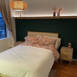 QUEEN SIZE BED AND MATTRESS AND NIGHTSTAND FOR SALE