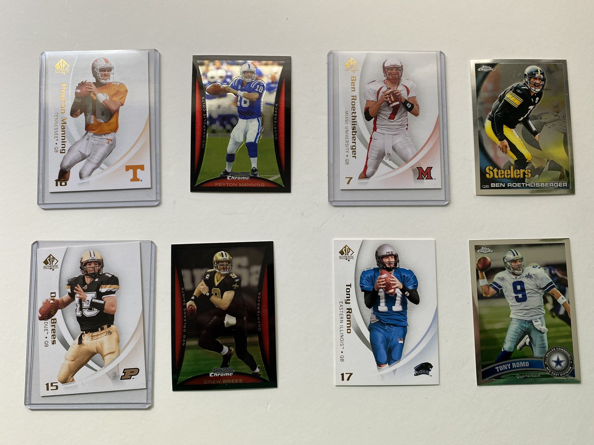 NFL & college Quarterback 8 card lot  Peyton ,Brees, big Ben & Romo