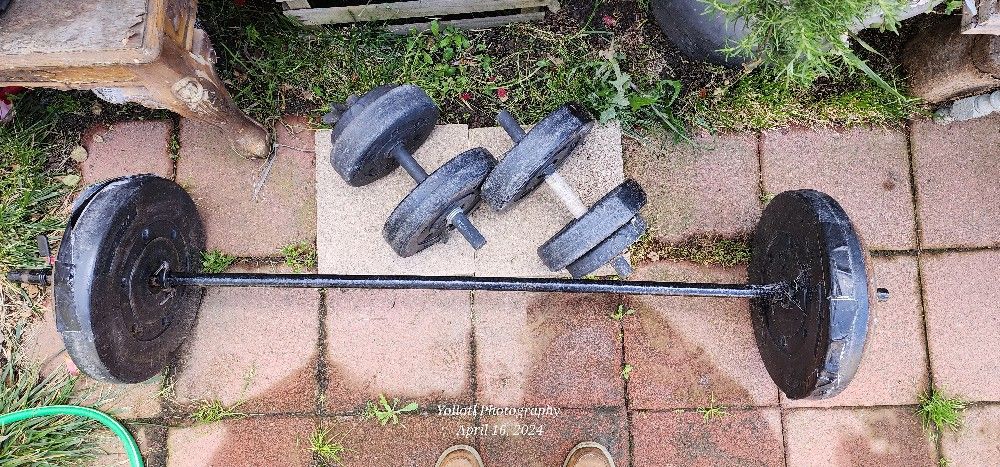 Weightlifting Bar And Curl Bars With 140lbs. Weights