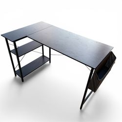 Modern Black L-Shaped Computer Desk with Storage Shelves & Side Organizer