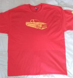 Red t-shirt with shiny gold truck on front t-shirt