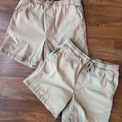 (TWO) American Eagle Flex Lived In Trekker Shorts Khaki Beige Pull On Mens MED