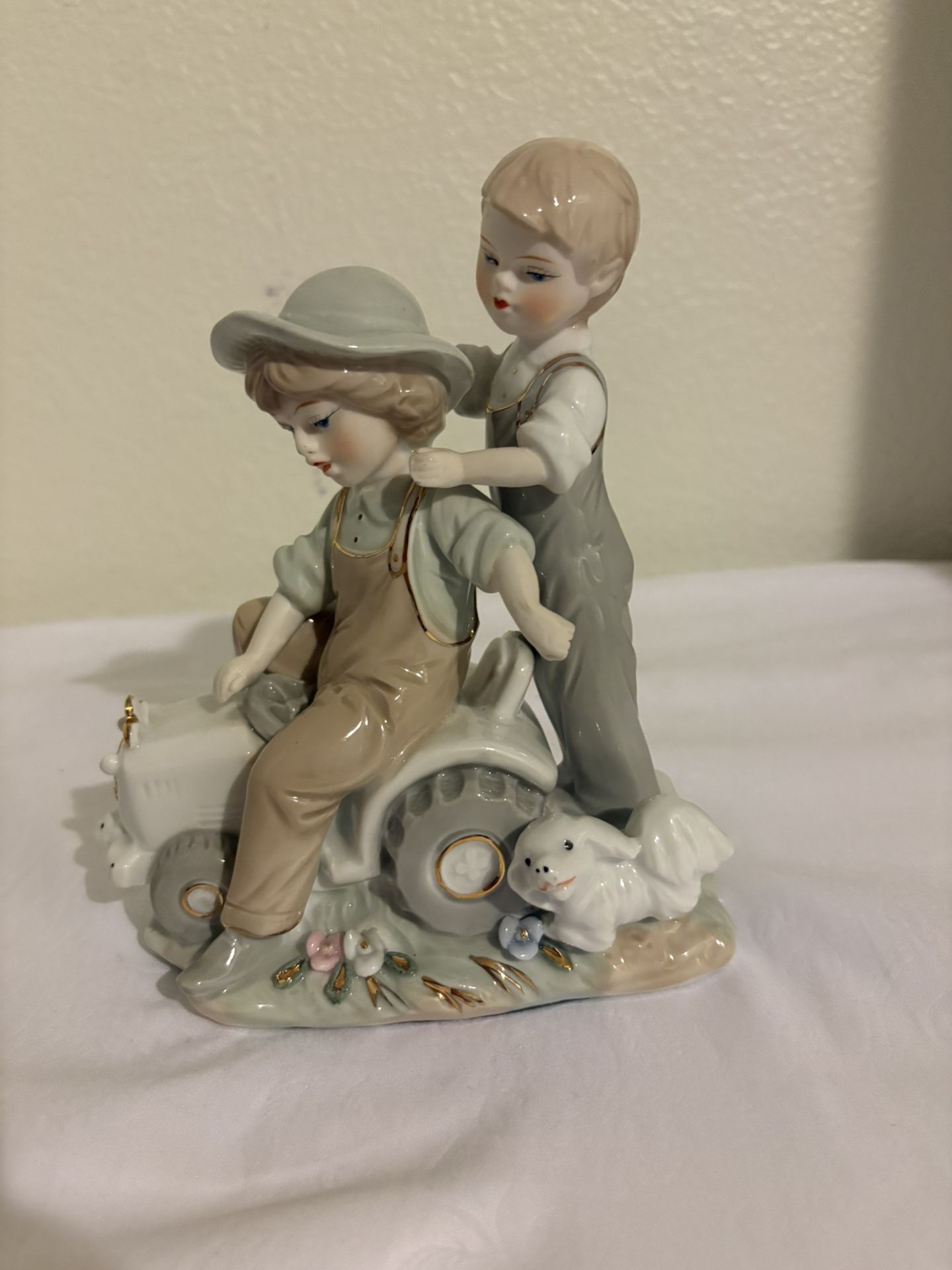 Porcelain Figurine Two Boys Friends And The Dog Playing With The Car