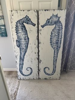 Bassett Mirror Company Large Coastal Seahorse Canvas Art Pair - Matching Set