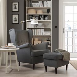 4 Pce Set: MCM IKEA Strandmon Wing Back Chairs w/ Ottomans