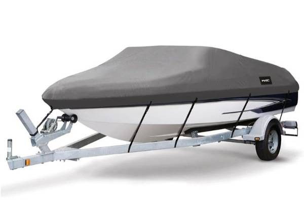 MSC Heavy Duty 600D Marine Grade Polyester Canvas Trailerable Waterproof Boat Cover,Fits V-Hull,Tri-Hull, Runabout Boat Cover (420D Black, Model D - L
