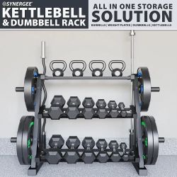3-Tier Dumbbell Storage Rack with 2 Barbell Holders and 4 Weight Plate Pegs, Featuring 2-Tier Dumbbell Storage and 3rd Tier for Kettlebell Storage – A