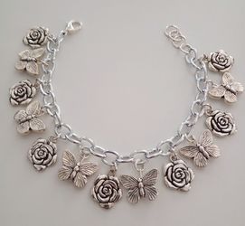 Silver-Tone Rose and Butterfly Charm Bracelet